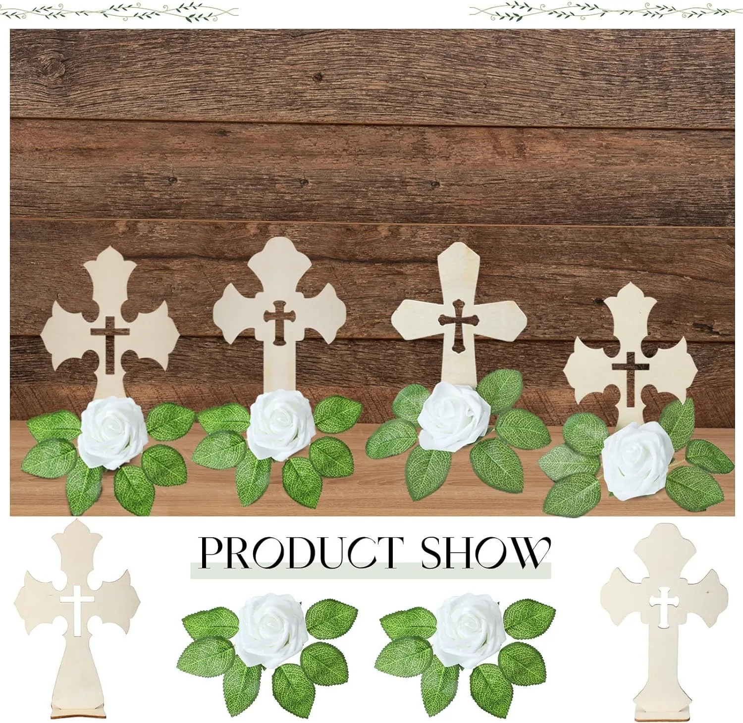 8PCS Wooden Cross with Base and Artificial Flower Fake Rose First Communion Centerpiece Wedding Home Decor (Wooden) Crafts