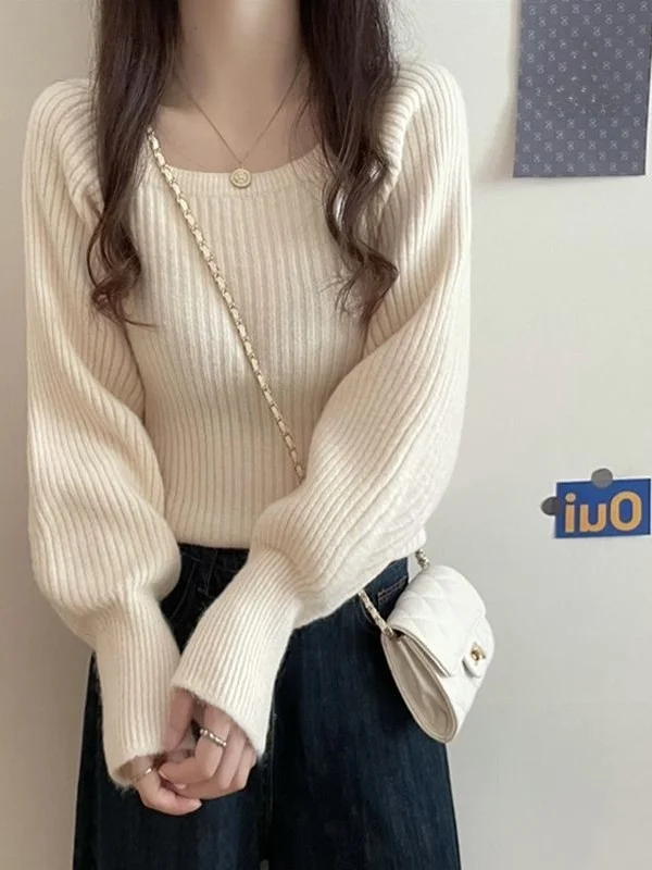 سترة محبوكة بأكمام طويلة على الطراز الكوري، قميص نسائي كطبقة أساسية، ياقة مربعة، ناعم ومريح للارتداء اليومي في الربيع والخريف