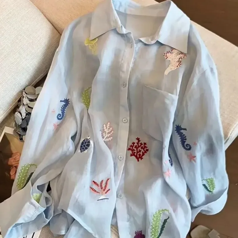 

Летняя женская рубашка из льняной смеси - свободная блузка на пуговицах с вышивкой в морском стиле YY48