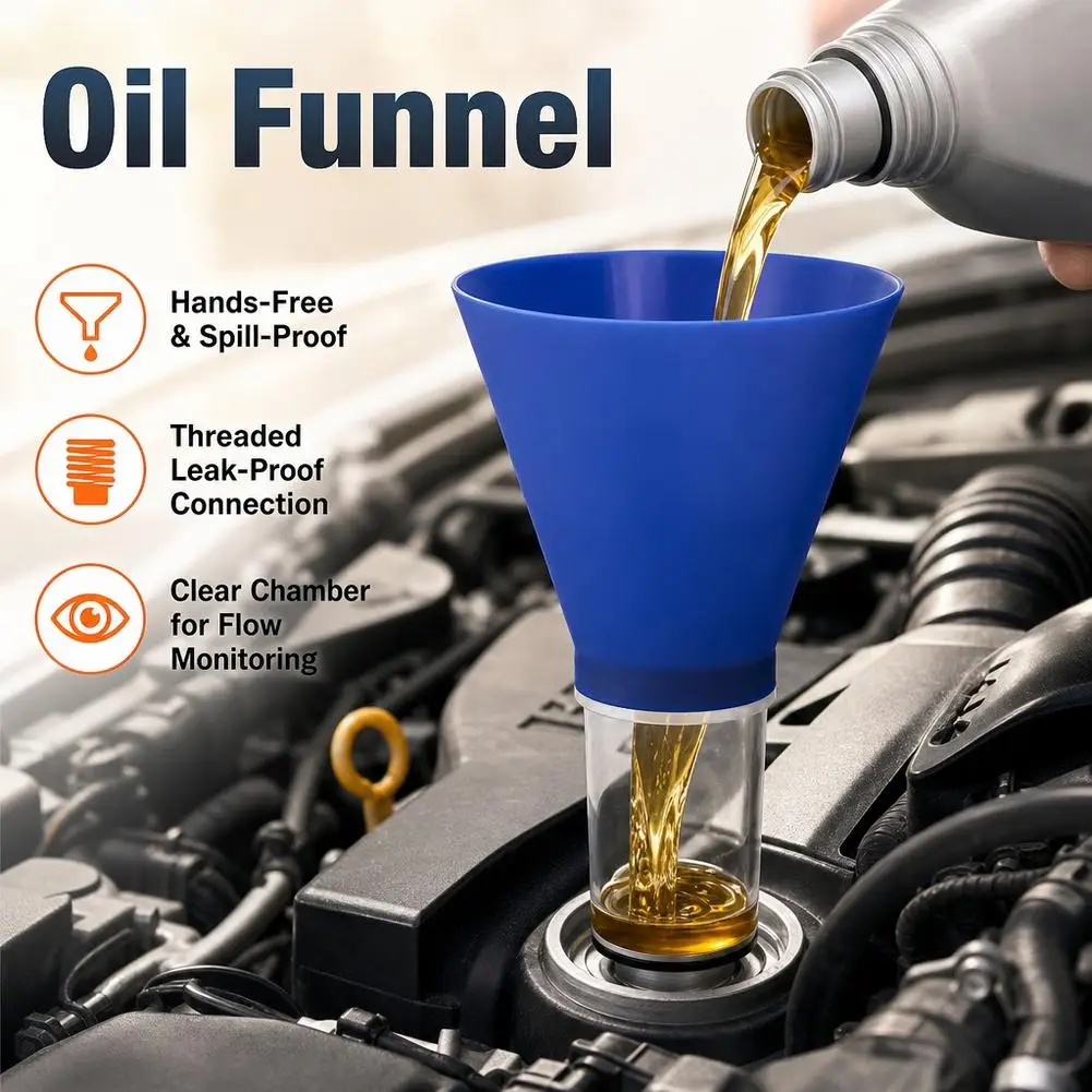 Car Engine Oil Funnel Universal Threaded Leak Proof Filling Tool Spill Proof Transparent Chamber Auto Repair Tool Accessories