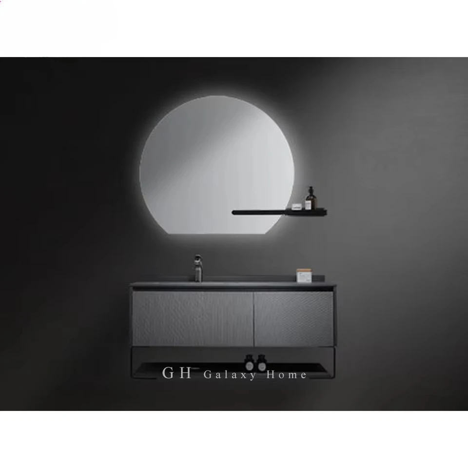 

Современное круглое умное зеркало, роскошный черный настенный туалетный столик для ванной комнаты с черной полкой