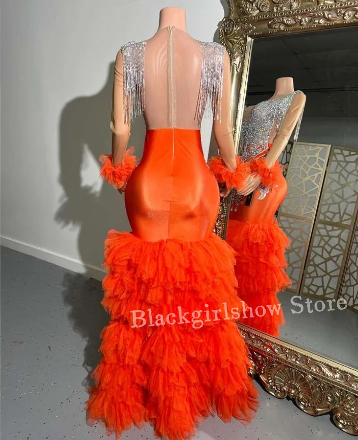 Gorgeous Orange Diamante Mermaid Prom Dress 2024 For Women Shiny Silver Crystal Beaded Fringe Lace Cake Dress Dresses gala