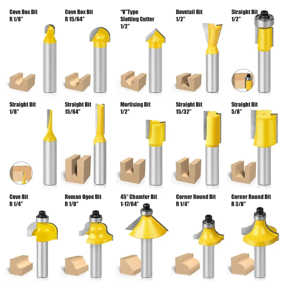 15pcs 8mm Shank Router Bit Set Trimming Straight Beading Milling Cutter Carbide Cutting Woodworking Tools