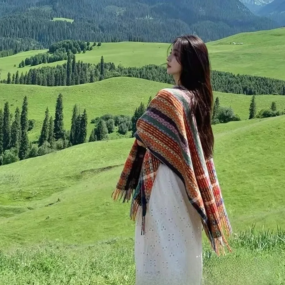Fashion Bohemian Mongolian Poncho Gradient Color Ethnic Style Stripe Tassel Shawl Keep Warm Knitting Wrap Cloak for Women