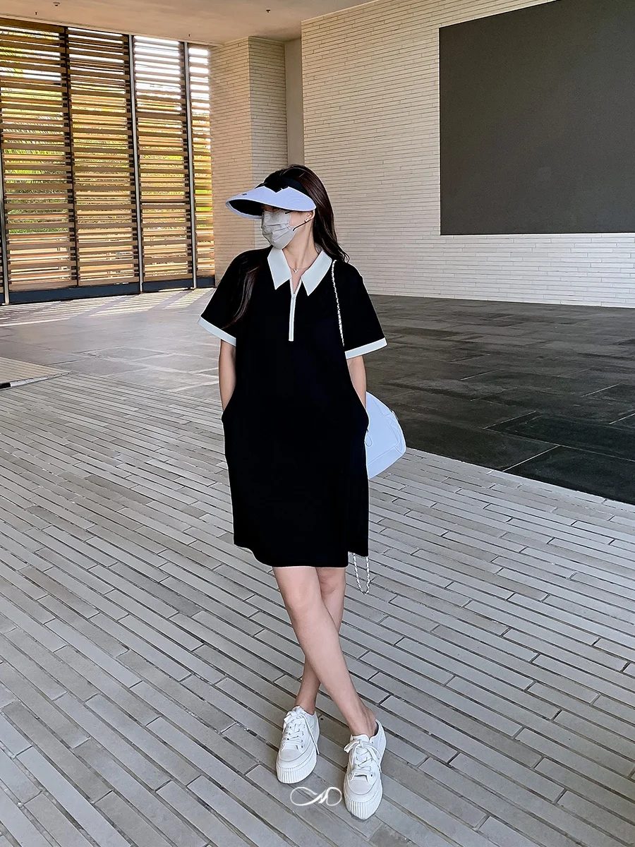 Maixi Sukienka Midi Plus Size Damska z Kołnierzykiem, Kolorowa, Wyszczuplająca, Letnia, Casualowa, z Wysokim Stanem, Rozkloszowana Spódnica A-Line