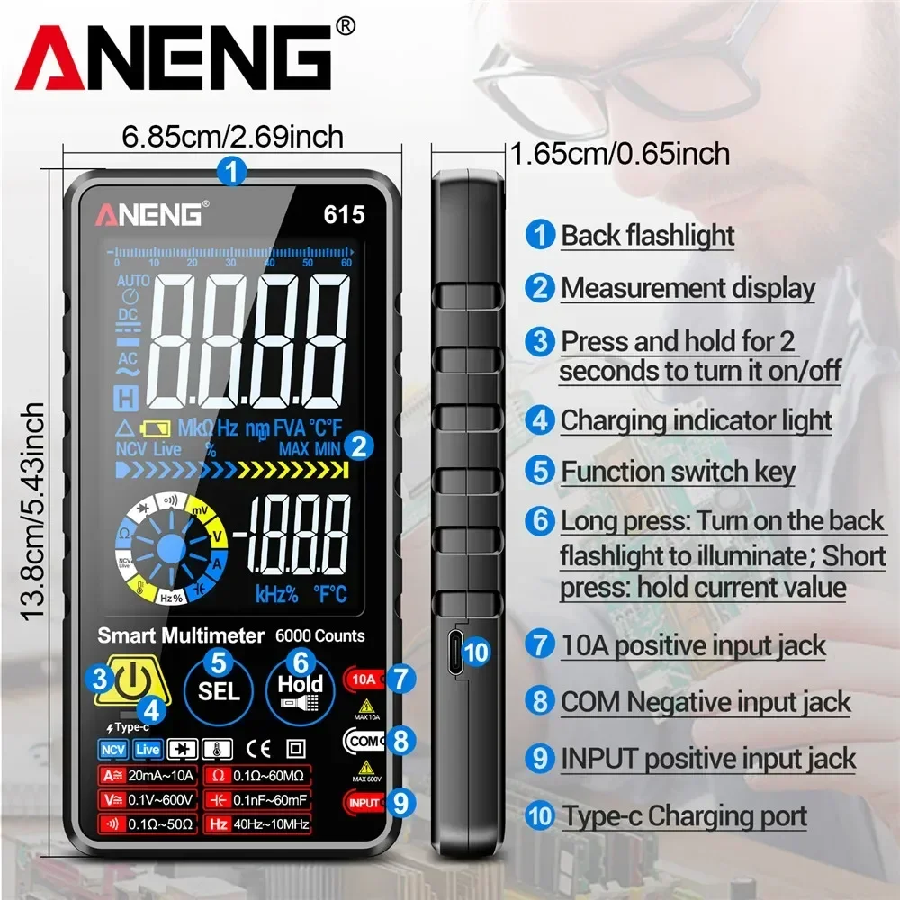 ANENG 615 Digital Multimeter Touch Screen AC/DC Voltage Tester 6000 Counts with Diode And Lithium Battery Charging Function