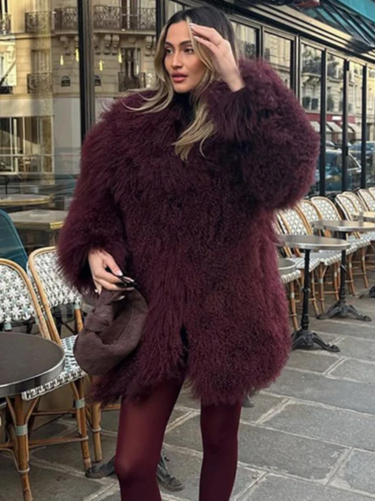 Elegant Burgundy Color Thicken Warm Fluffy Fur Coat Women Chic Oversized Lapel Plush Faux Fur Jackets 2024 Lady High Streetwear