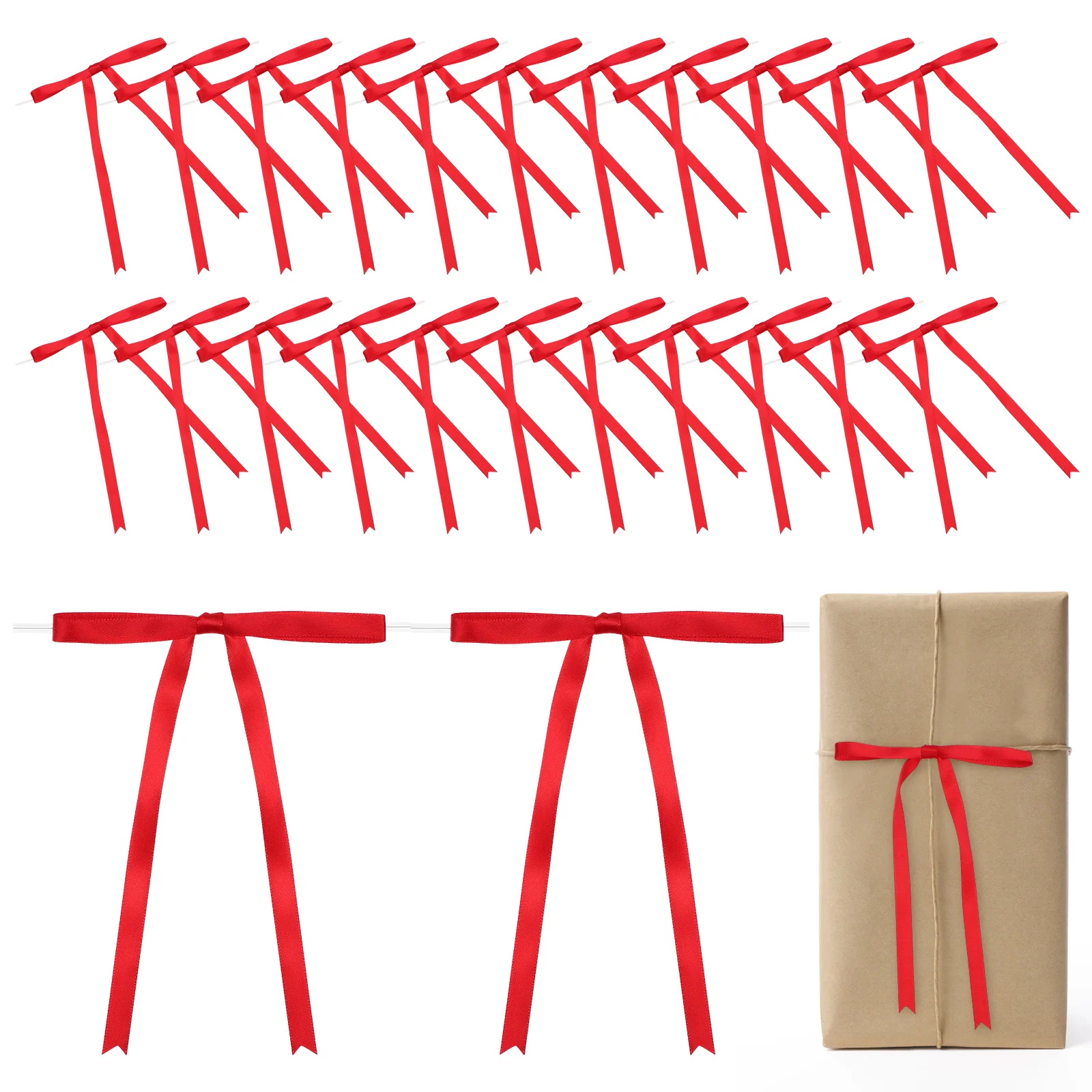 24 Pcs Long Tail T-knot Red Bows for Cake Twist Ties Candy Ribbon Small Crafts Mini Tree Satin