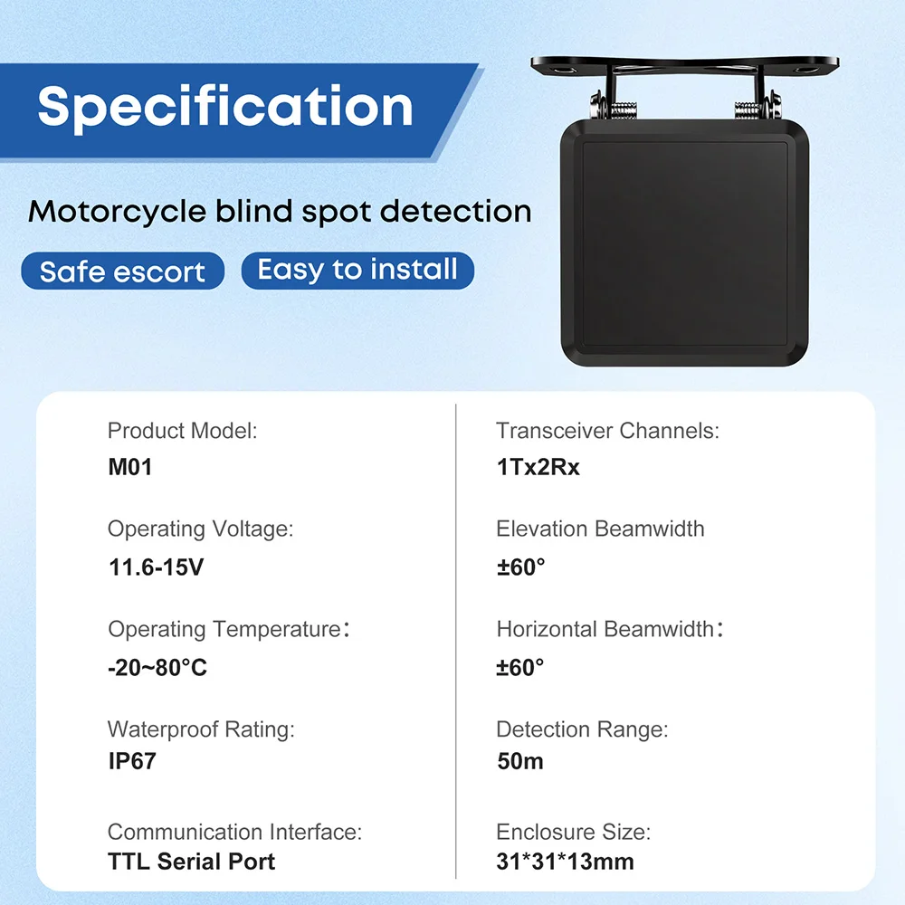 BSD 60Ghz Microwave Radar Sensor Motorcycle Blind Spot Detection System Lane Change Assist Safe Driving Max Detection 50m IP67