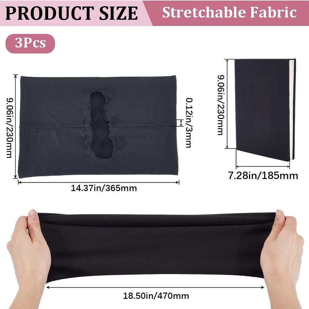3Pcs Elastic Fabric Book Covers Rectangle Black 235x365x3mm Inner Diameter: 142x40mm