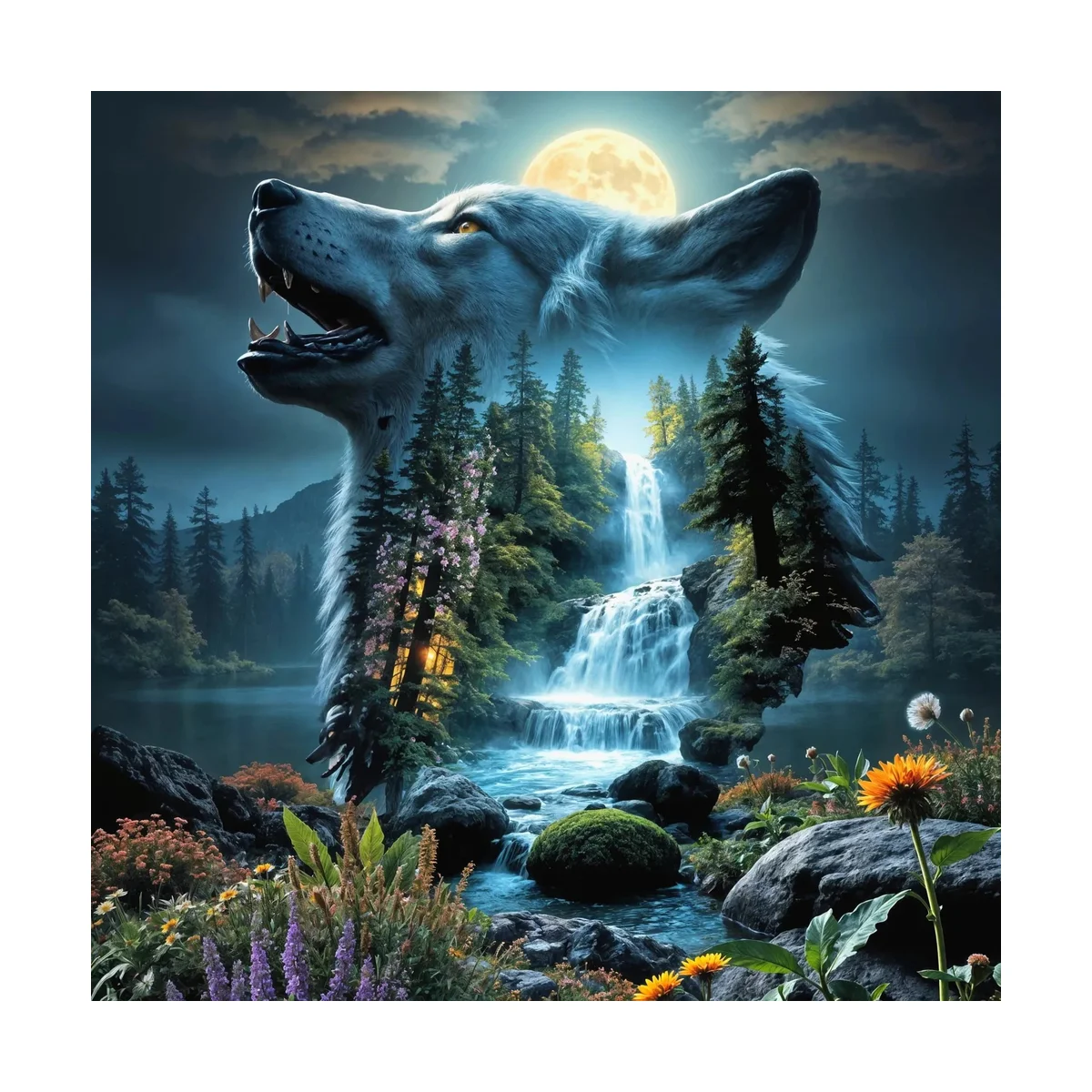 1 Stück 40x40 cm/15,74 Zoll, 11Ct/14Ct Kreuzstich-Set, DIY Valentinstagsgeschenk, Stickerei-Set für Festivals, Wolf-Wasserfall-Doppelbild – Detail 3