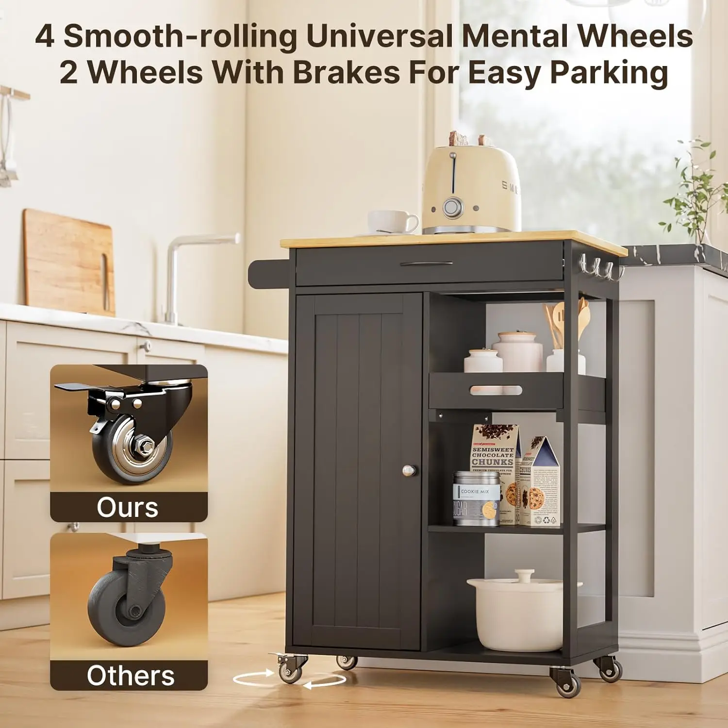 Kitchen Island Cart with Solid Wood Top, Rolling Serving Utility Trolley Cart with Drawer, Cabinet, Towel Rack, Hooks and