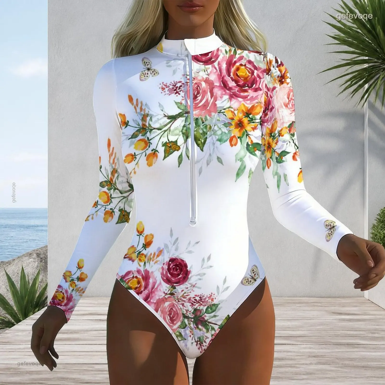 Printed Swimsuit for Women High Neck Front Zip Long Sleeve One Piece