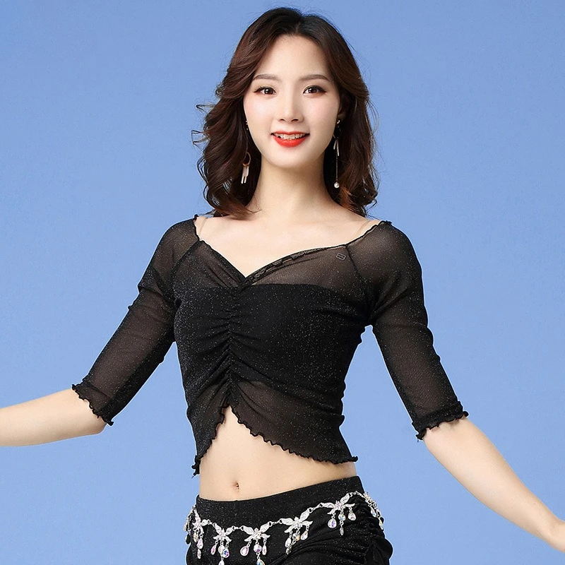 Customized Belly Dance Costumes Sexy Silver Wire Mesh Top Practice Clothes Beginner and Adult Tops