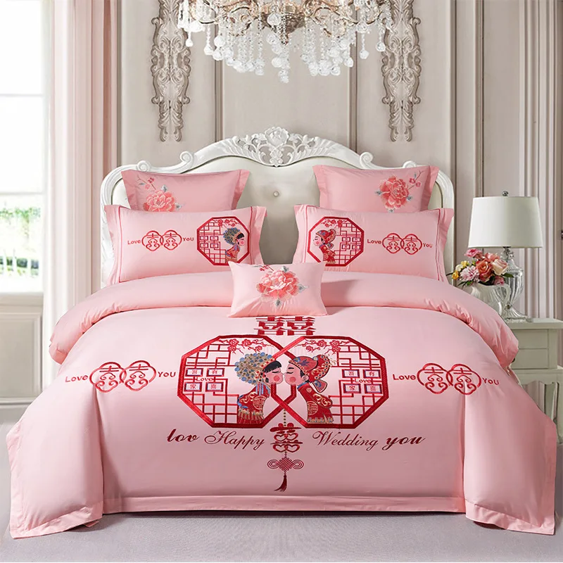 New wedding home textile bed four-piece cotton pure cotton embroidery pink red quilt cover