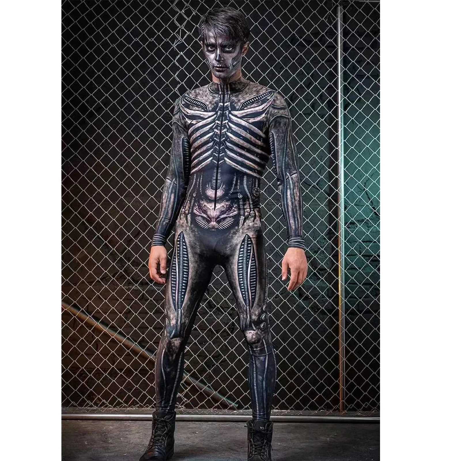 Mechanical CyberPunk Catsuit Women Men Zipper Jumpsuit Zentai 3D Bodysuit Halloween Skeleton Cosplay Costume Elastic Rompers