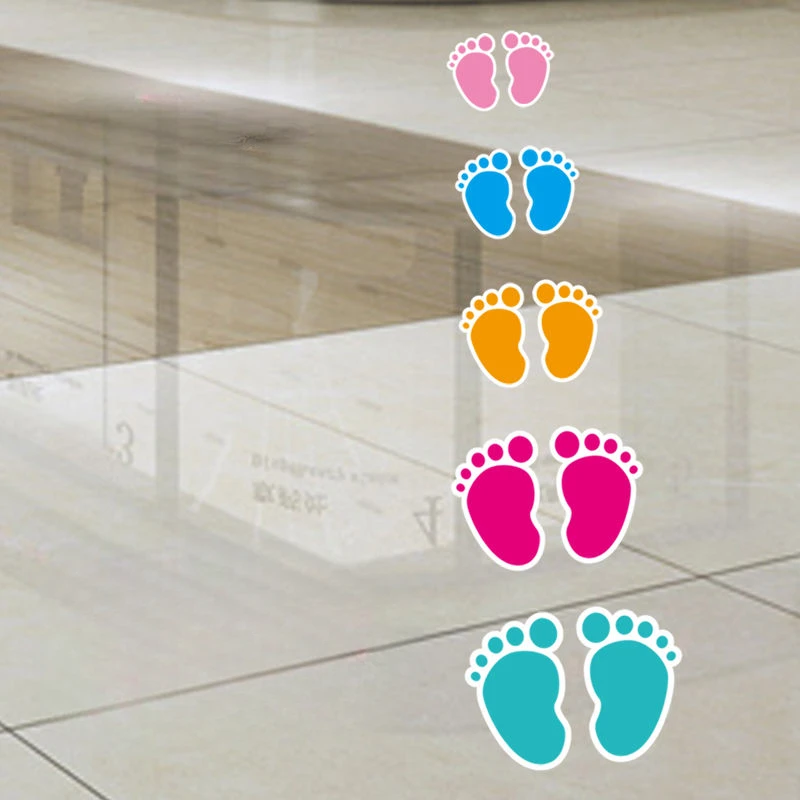 10 Pairs Cute Footprints Stickers Small Feet Kindergarten School Stairs Cartoon Waterproof Flooring Posters Be Careful with Step