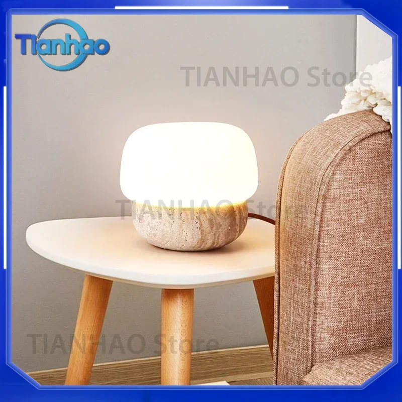 Modern Travertine Mushroom Floor Lamp for Living Room Bedroom Study Natural Yellow Cave LED Light