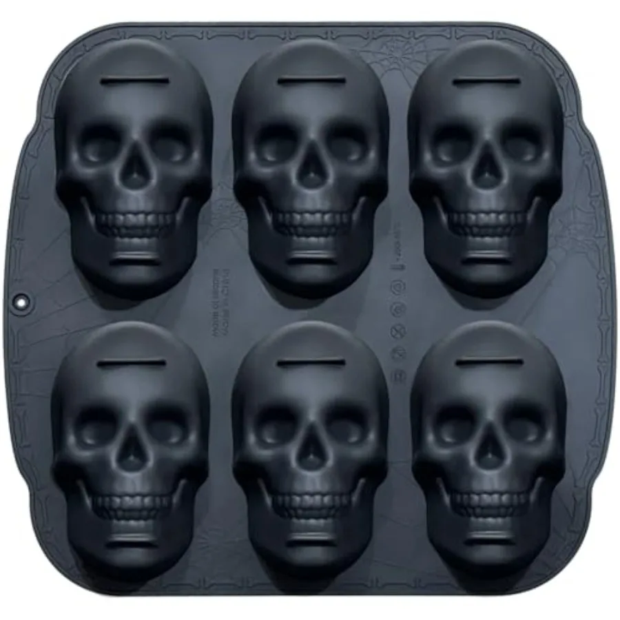 

6 Cavity Skull Cake Pan Silicone Skull Cakelet Mold for Halloween Party Dessert Baking Black