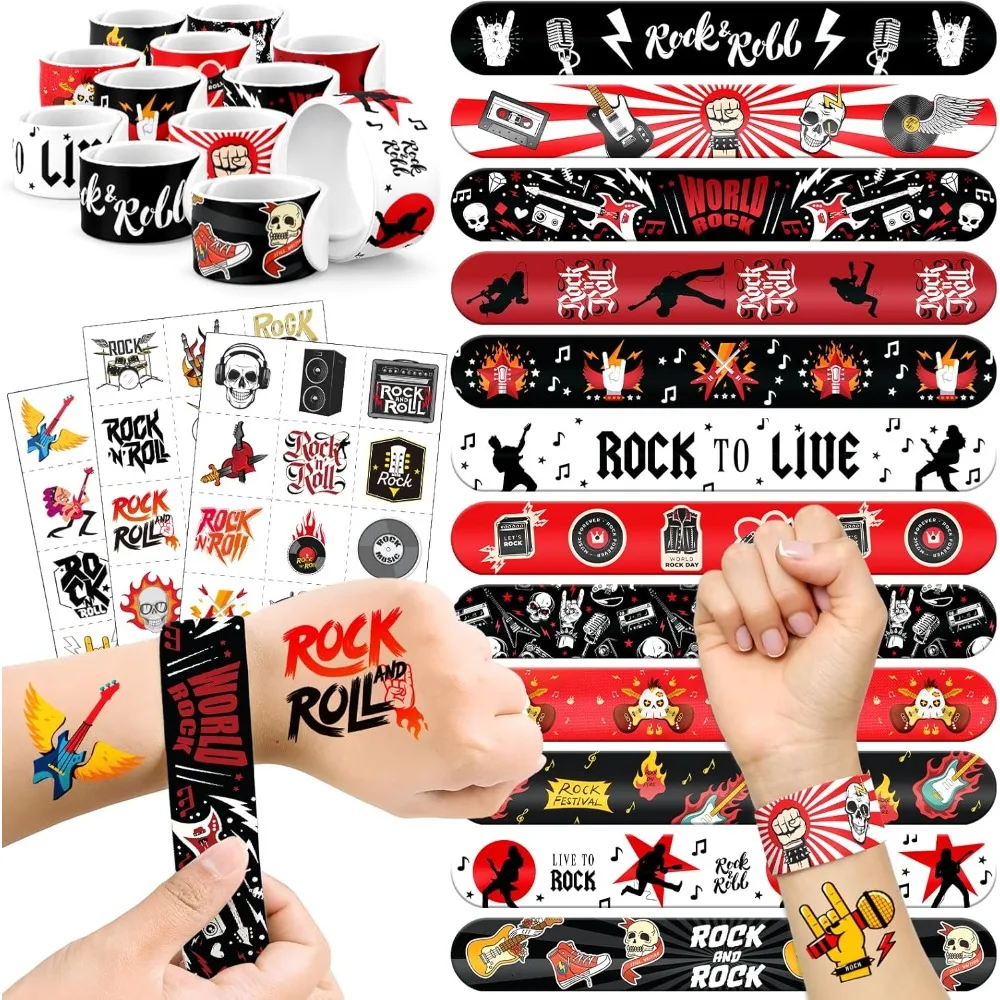 

60 PCS Rock and Roll Party Favors Set - 36 Temporary Tattoos & 24 Slap Bracelets for Kids, Perfect for Music-Themed Birthday Sup