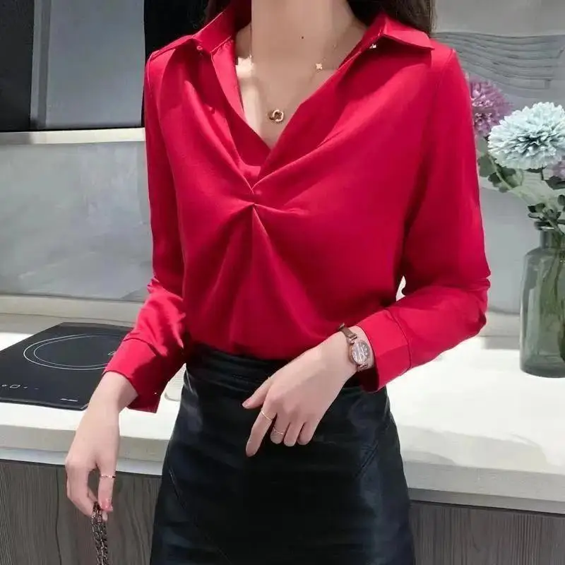 Elegant Women Chic Satin Shirt Korean Fashion New Spring Autumn Fashion Long Sleeve Embroidered Flares Solid Office Lady Blouse