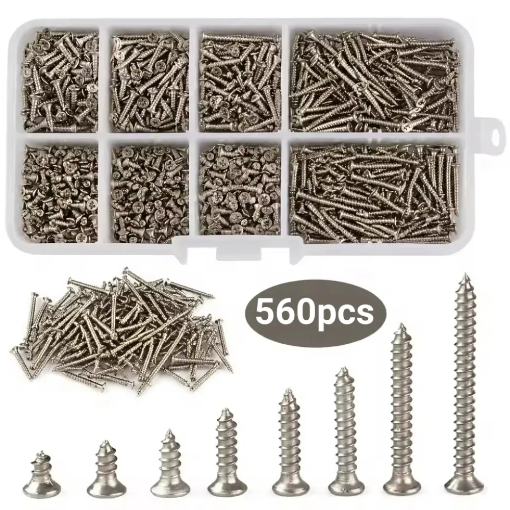 560pcs Self Tapping Wood Screws Set M2 Phillips Flat Head Sheet Metal Screw Self Lock Nut Wood Thread Nail Screw Sets