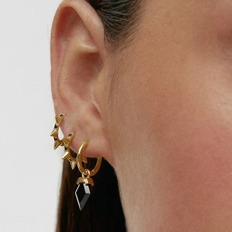 925 Sterling Silver Needle Punk Rivet Hoop Earrings For Women Fashion Black White Crystal Rivet Gold Earrings Fine Jewelry Gifts