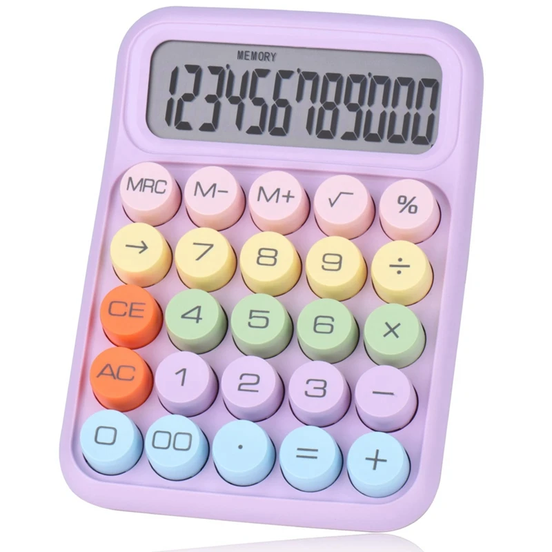 Calculadora de botão mecânico, display LCD de 12 dígitos, botões grandes fáceis de pressionar, calculadora de doces colorida roxa fácil de usar