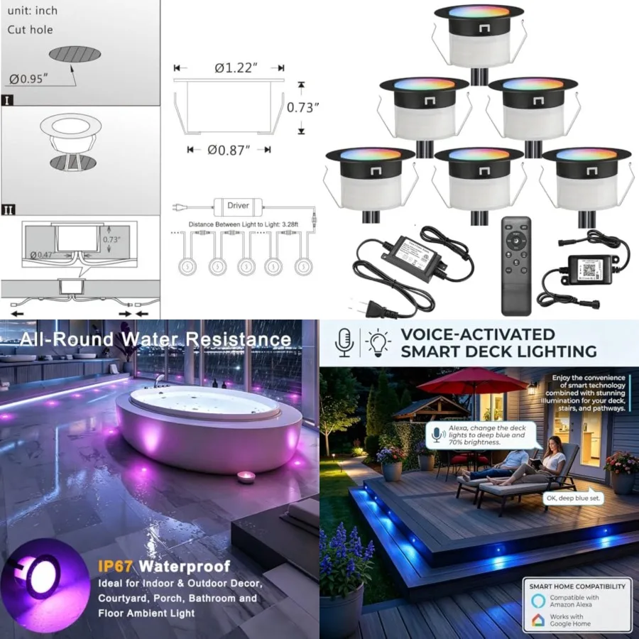 

LED Deck Lights Kit, 1.22 Inch WiFi Smart Phone Control Recessed RGBW Deck Lighting Outdoor Waterproof Low Voltage Landscape Li