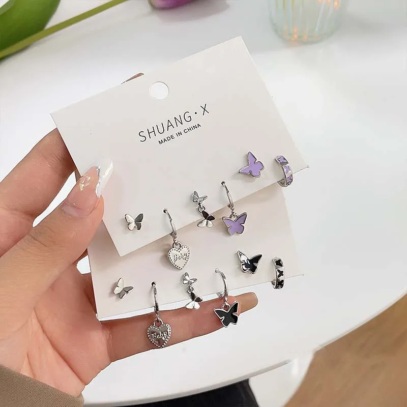 6Pcs/Set Fashion Silver Color Butterfly Stud Earring Set for Women Korean Crystal Heart Bowknot Earrings Jewelry 2023 New Trend