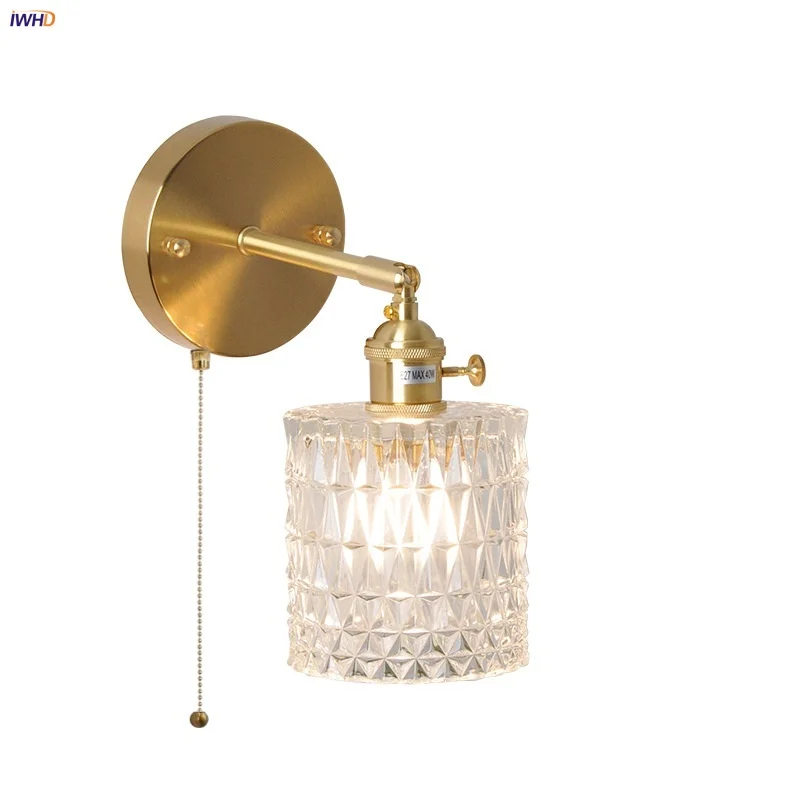 IWHD Up Down Rotate LED Wall Lamp Sconce Study Hallway Bedroom Brass E27 Pull Chain Switch Nordic Modern Stair Light Fixtures