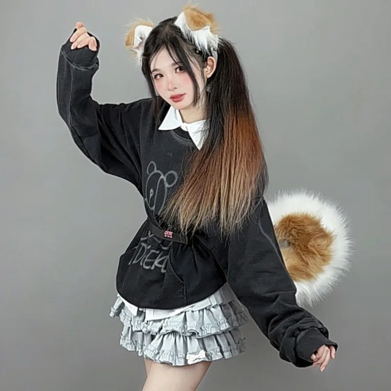 Funny Handmade Plush Spotted Dog Animal Ear Headband Rolled Tail Accessory L55cm Cosplay Party Halloween Props