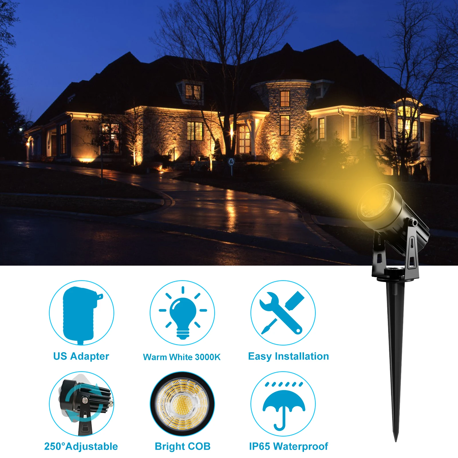 US Plug COB Super Bright Warm White Spotlight Led Garden Light Lawn Lamp Low Voltage Landscape Lighting IP65 Waterproof