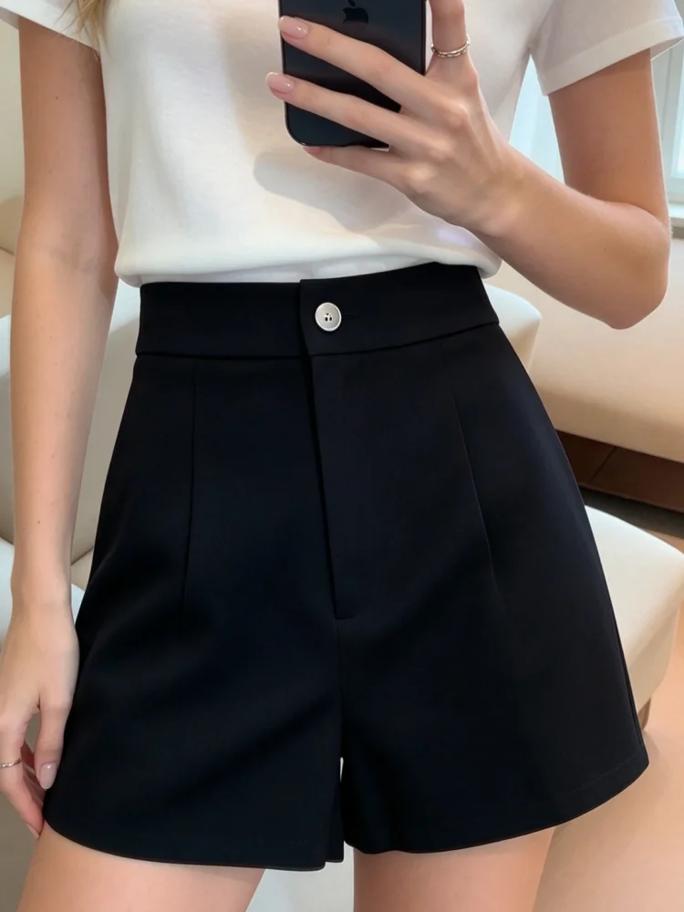Damen-Kurzrock, hoch geschnitten, A-Linie, Büroshorts, schwarz, einfarbig, mit Gesäßtasche, elegant, Business-Casual, Basic-Shorts – Detail 2