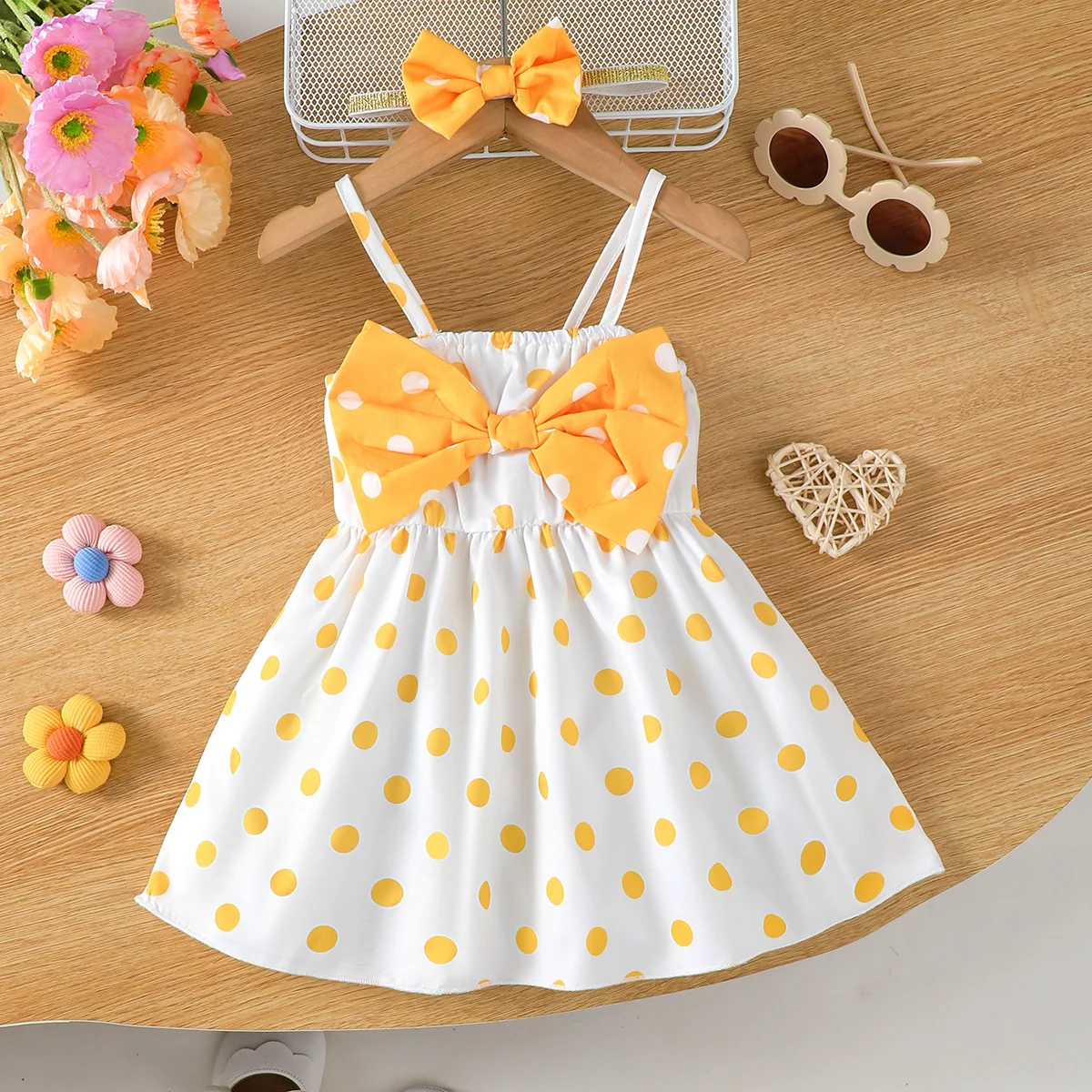 2Pcs Baby Girl Dress Set Summer Sweet Cute Spaghetti Strap Sundress Polka Dot Print + Bow Headband Toddler Party Casual For 0‑3Y