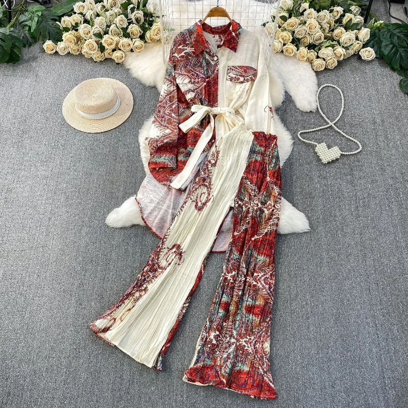 

French style light mature style printed two-piece set temperament medium to long waist cinched shirt pleated flared pants