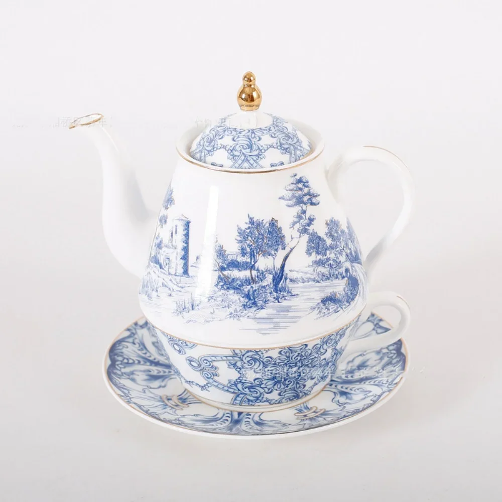 Turkish Floral Blue And White Porcelain Tea for One Teapot And Cup Set Bone China Single-Serving Tea Pot Set Gift for Women