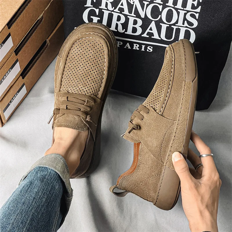 New Breathable Spring Summer Men Casual Shoes Cow Suede Leather Loafers Vintage British Luxury Designer Shoes Sneakers