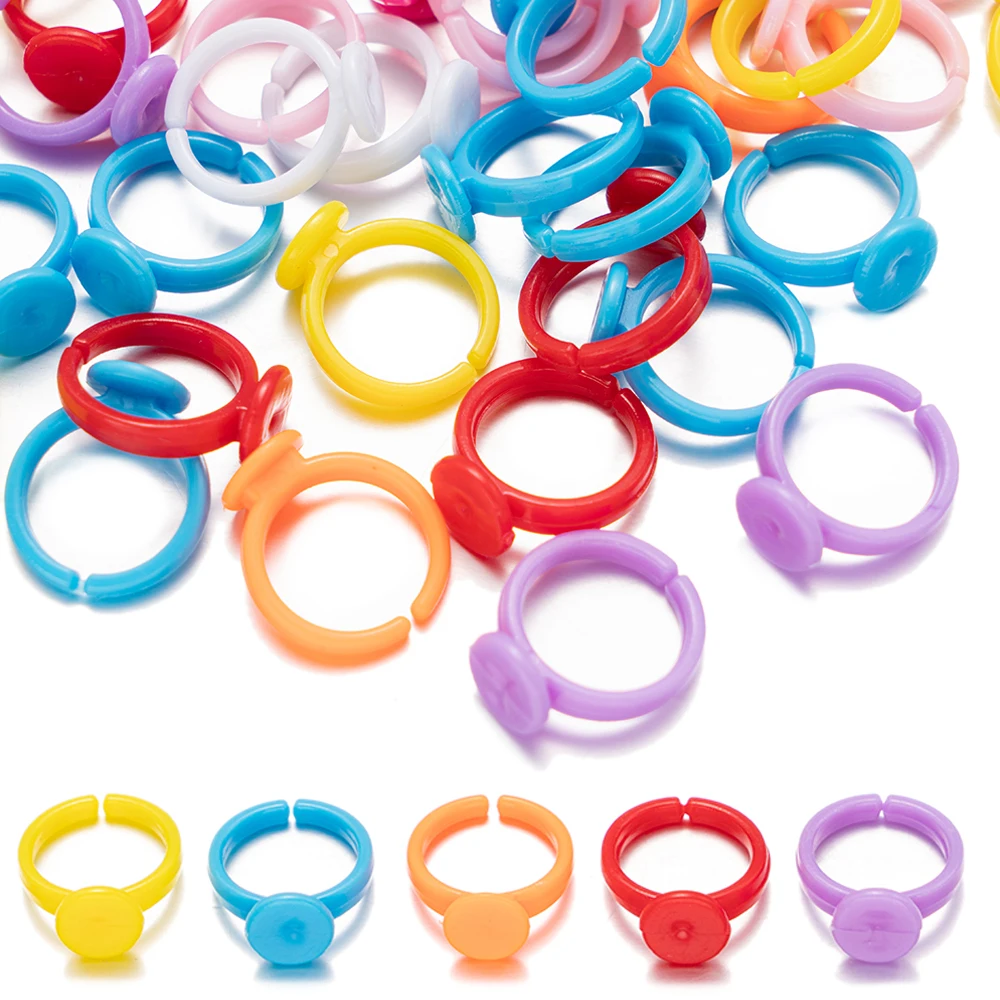 100pcs Plastic Multicolor Rings Cabochon Base Blank Setting For DIY Cute Jewelry Making Accessories Kid Girl Supplies Materials