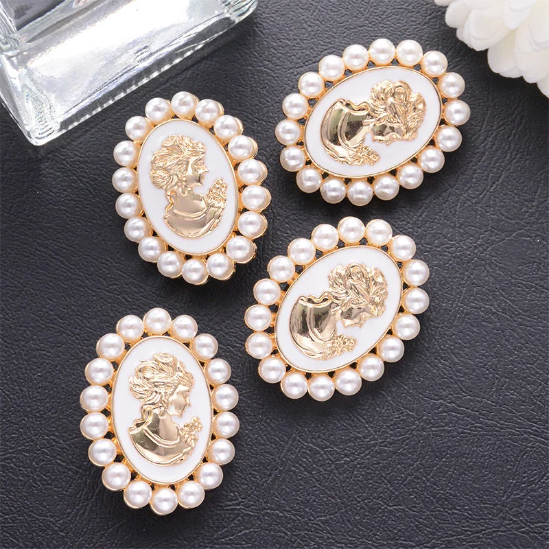 4pcs Gold or Silver Color Oval 24/32/38mm Retro Cameo Resin Pearl Button Metal Hand DIY Sewing Men Women Clothing Fashion Decor