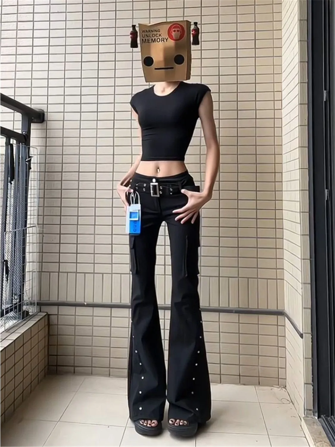 American Retro Black Low Waist Bell Bottom Jeans Women's Slimming Rivet Bell Workwear Floor-Length Pants Cotton Stretch Denim