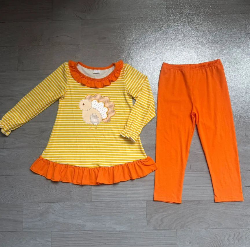 Wholesale Toddler Girls Kids Set turkey Embroidery Ruffle Stripe Tunic Pants Children Fall Outfit Baby Girl Thanksgiving Clothes