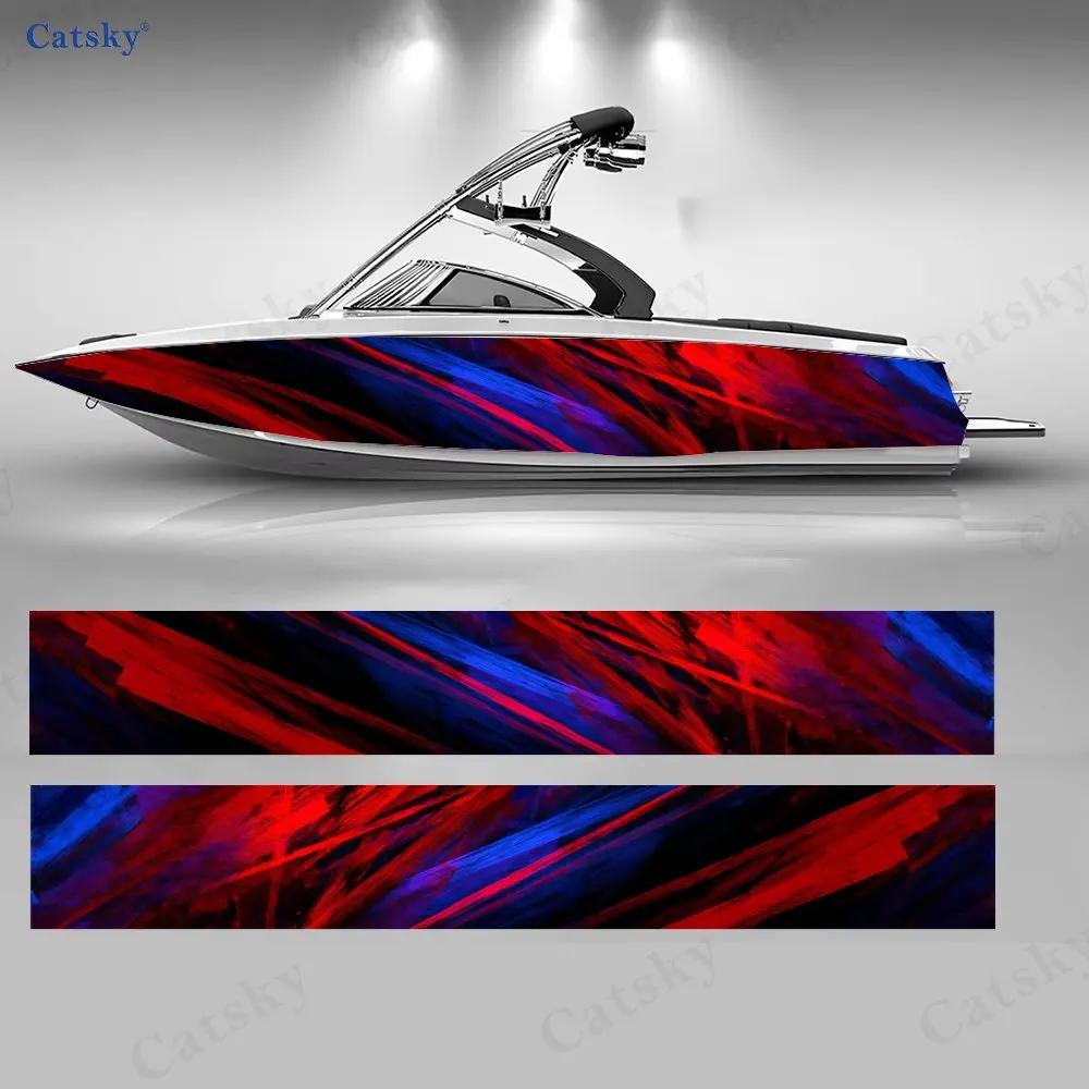 

2Pcs Red & Blue Diagonal Stripe Boat Stickers, PVC Waterproof Vinyl Wrap Decals for Fishing Boats, Durable and Stylish Design
