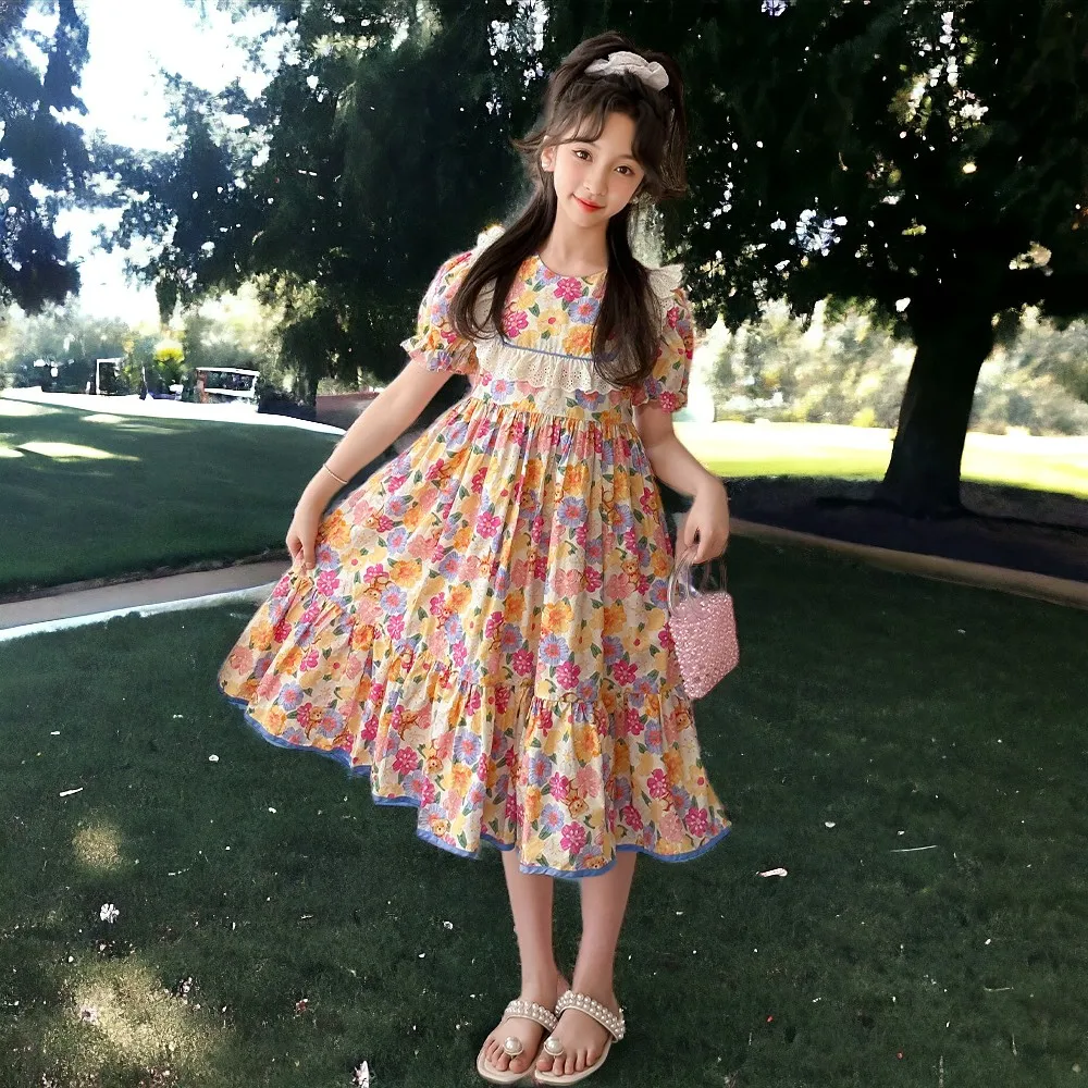 Girls Lolita Flower Dresses for Kids Outfits Party Summer Short  Sleeve Teenagers Costumes Baby Children Clothes 6 8 10 12 Years