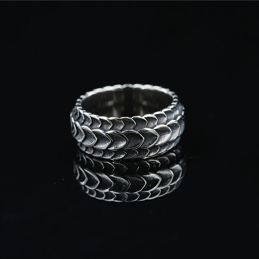 Rock Punk Viking Dragon Carved Surface Rings for Men Women Jewelry Ancient Silver Color Stainless Steel Male Vintage Finger Ring