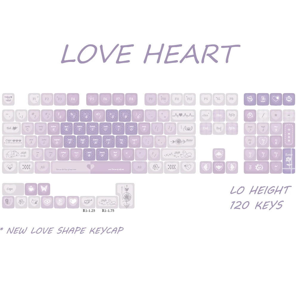 Keycap ungu gradien romantis, bentuk hati 120 nyslo Pbt karakter gaya Perancis cantik bentuk "L" masukkan tata letak kunci Diy Keycap