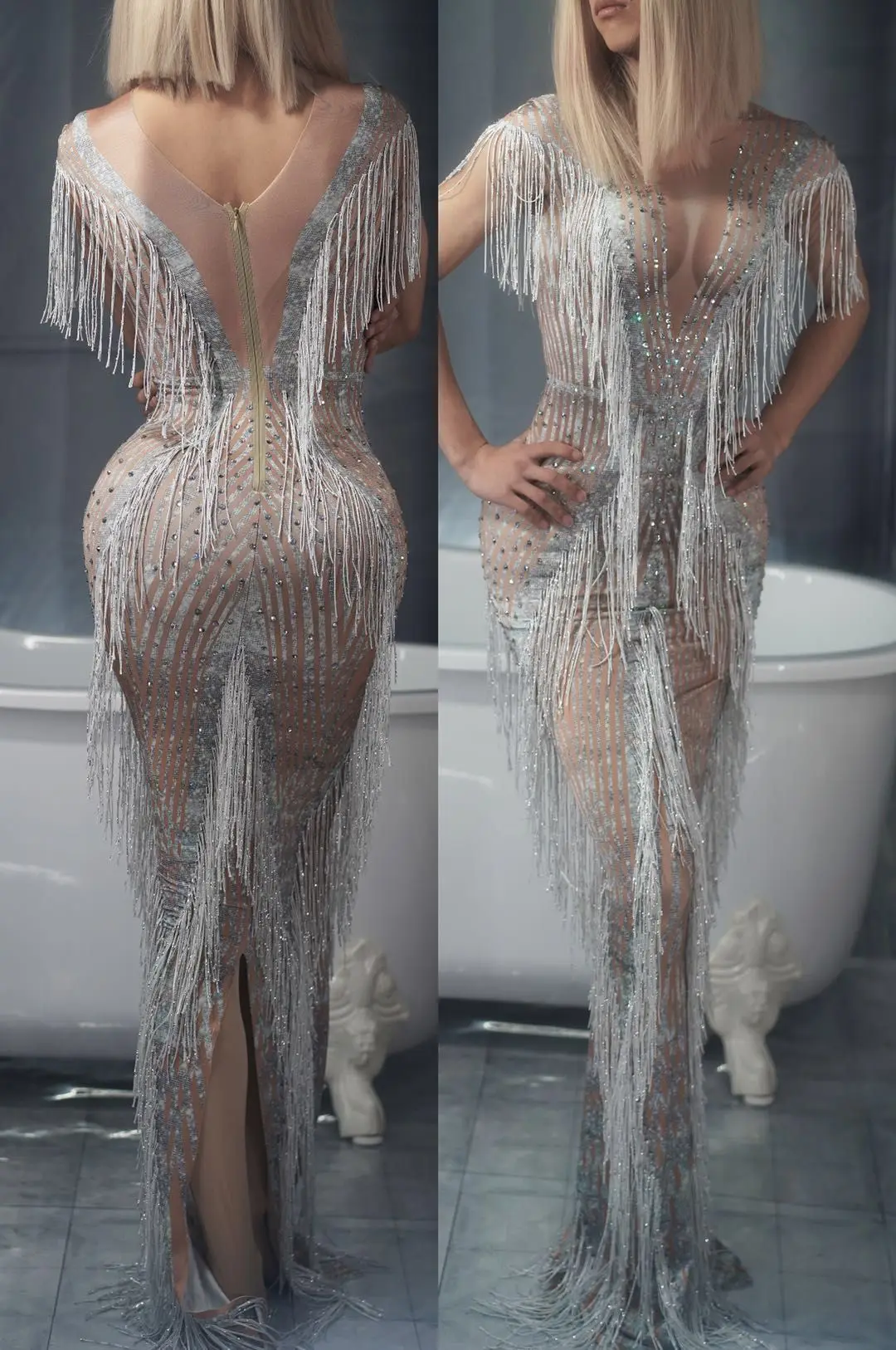 Robe Longue à Franges en Clip pour Femme, Costume de Chanteur, Tenue de Soirée, d'Anniversaire