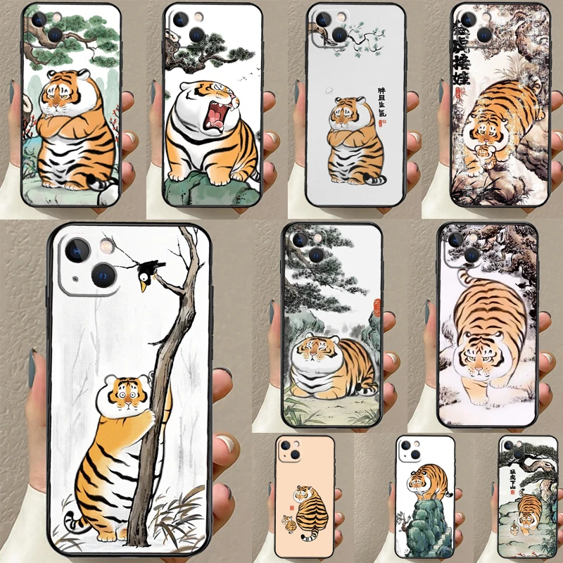 Cartoon Fat Tiger Case For iPhone 16 15 14 13 11 12 Pro Max XS X XR Plus Back Cover For iPhone 16 15 14 12 13 Mini