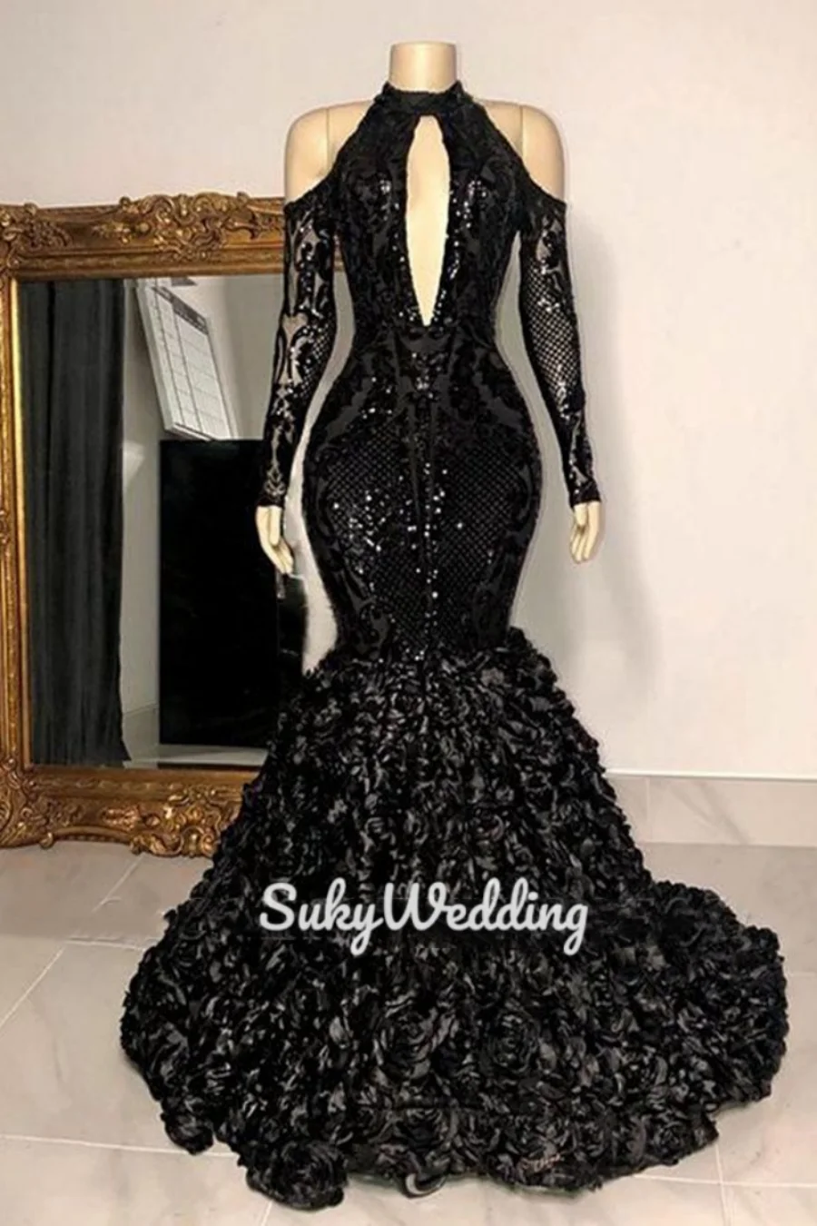 

Sexy Cool Shoulder Long Sleeves Prom Dresses African Evening Dresses Black Lace 3D Flowers Mermaid Prom Birthday Gown Customized