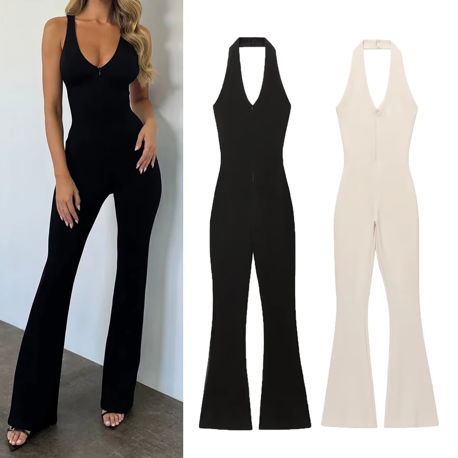

HXAO Jumpsuit Woman One pieces Long Jumpsuits Full length White Black Bodycon Sleeveless Sports Chic Halter Ladies jumpsuits